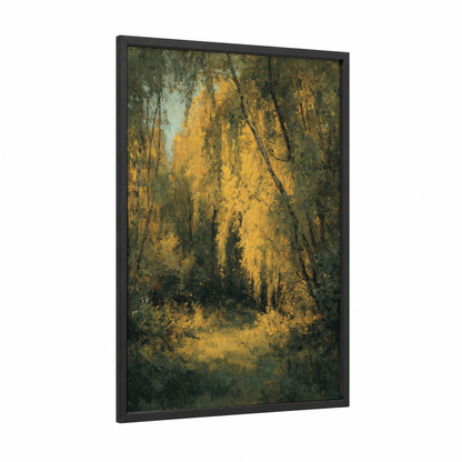 Golden Willow Glade framed willow forest print — black wood frame — gold and dark green palette