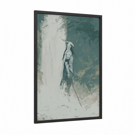 Ascending Elf Warrior framed art print — black wood frame — sage green and cream palette
