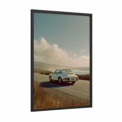 Coastal Porsche framed sports car print — black wood frame — blue and white and cream palette
