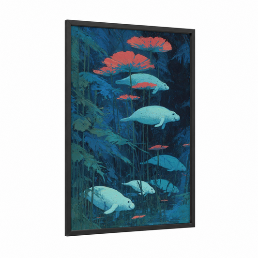 Underwater Manatees framed art print — black wood frame — blue and salmon pink palette