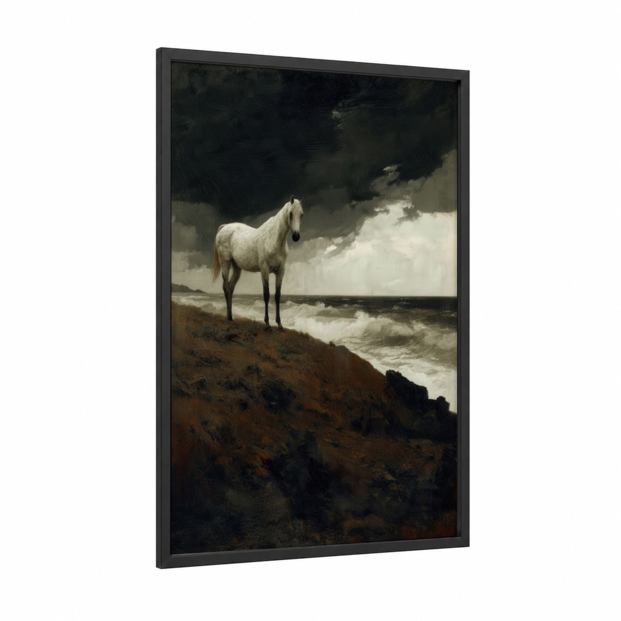 Coastal Arabian framed arabian horse print — black wood frame — black and cream palette