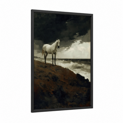Coastal Arabian framed arabian horse print — black wood frame — black and cream palette