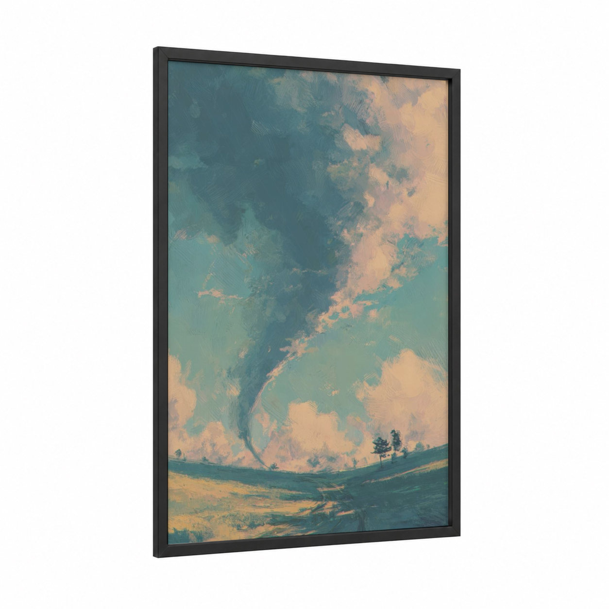 Stormy Tornado Landscape framed art print — black wood frame — blue and gold and teal palette