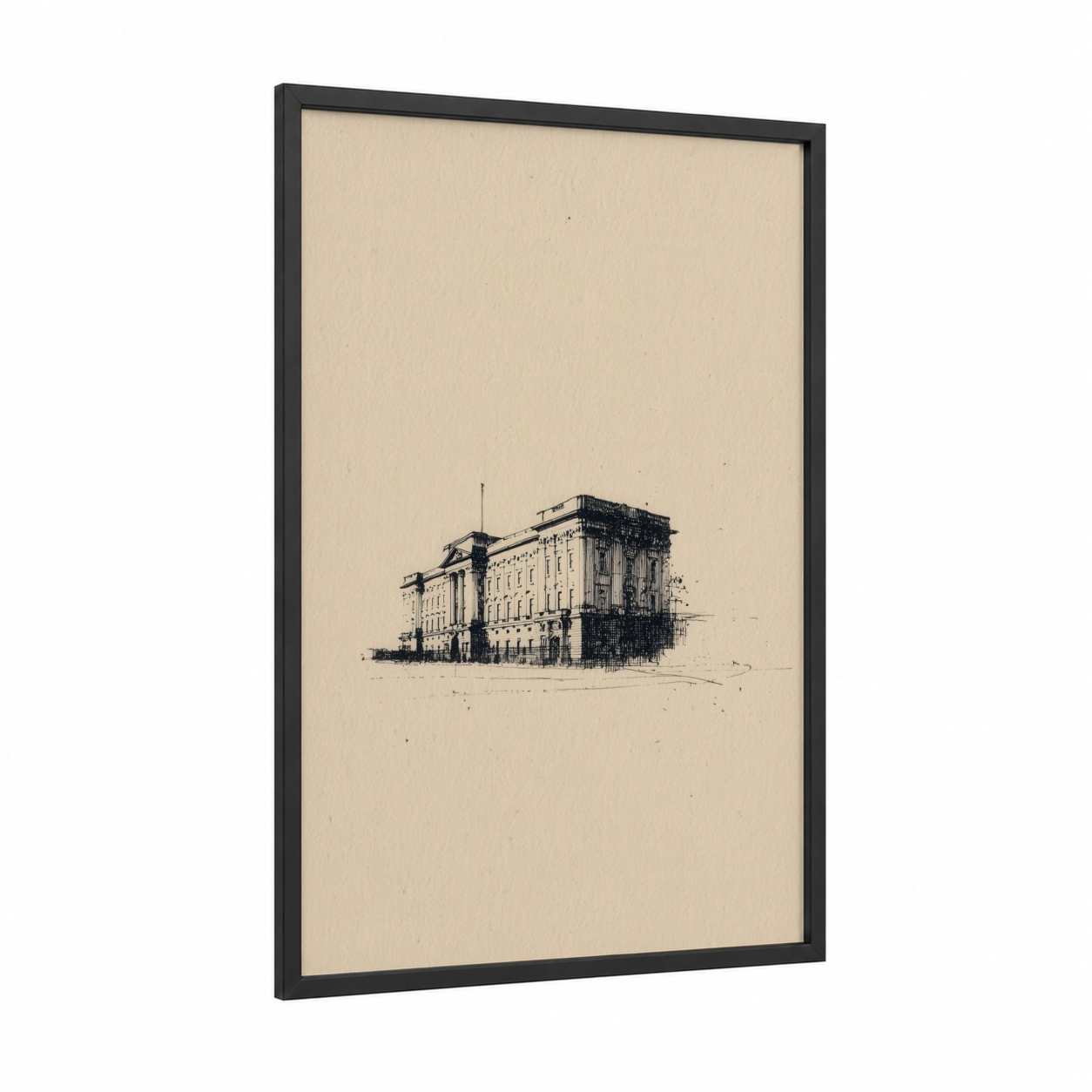 Buckingham Palace Sketch framed art print — black wood frame — black and white and cream palette