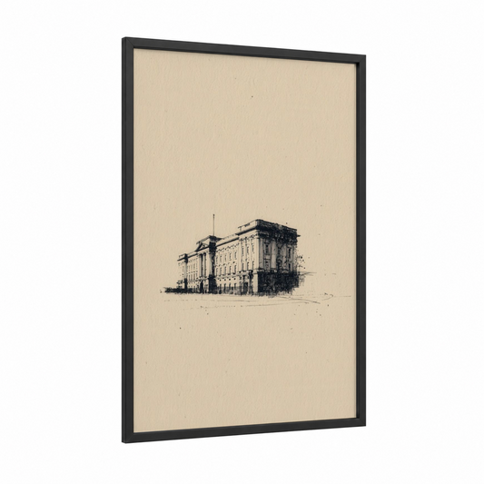 Buckingham Palace Sketch framed art print — black wood frame — black and white and cream palette