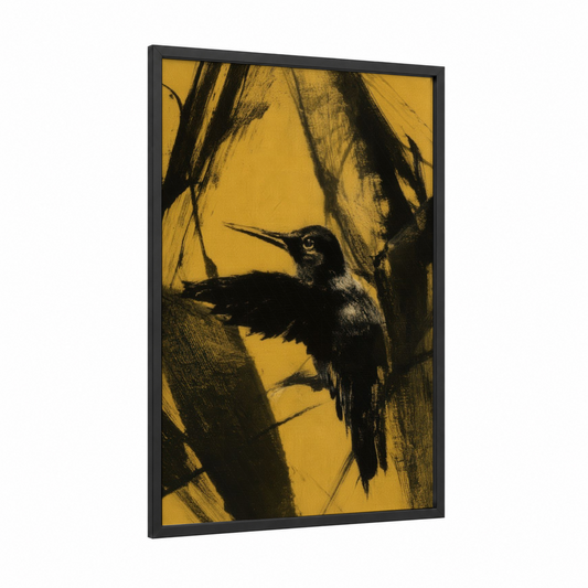 Golden Hummingbird framed art print — black wood frame — yellow gold and black palette