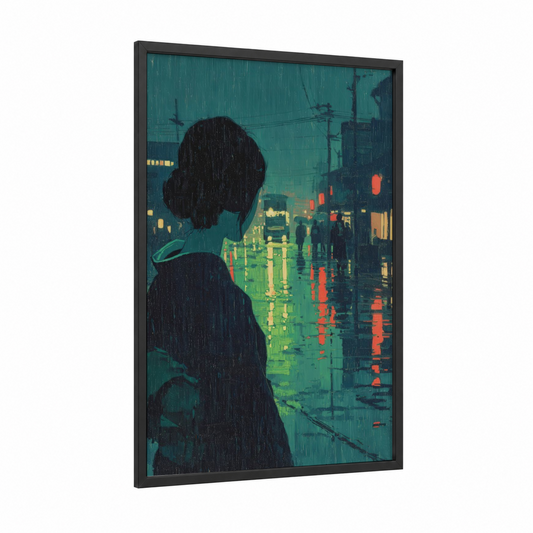 Rainy City Contemplation framed hair print — black wood frame — teal and orange palette