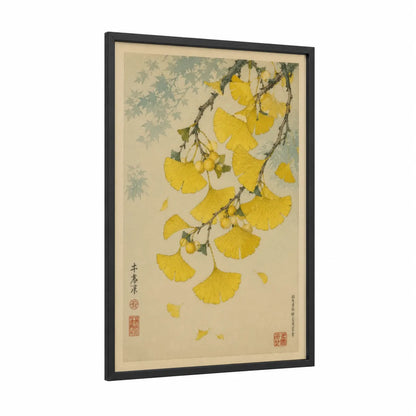 Golden Ginkgo Leaves Japanese Wall Art framed leaf print — black wood frame — yellow and beige palette