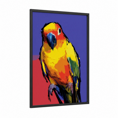 Colorful Parrot framed safari parrots print — black wood frame — royal blue and yellow palette