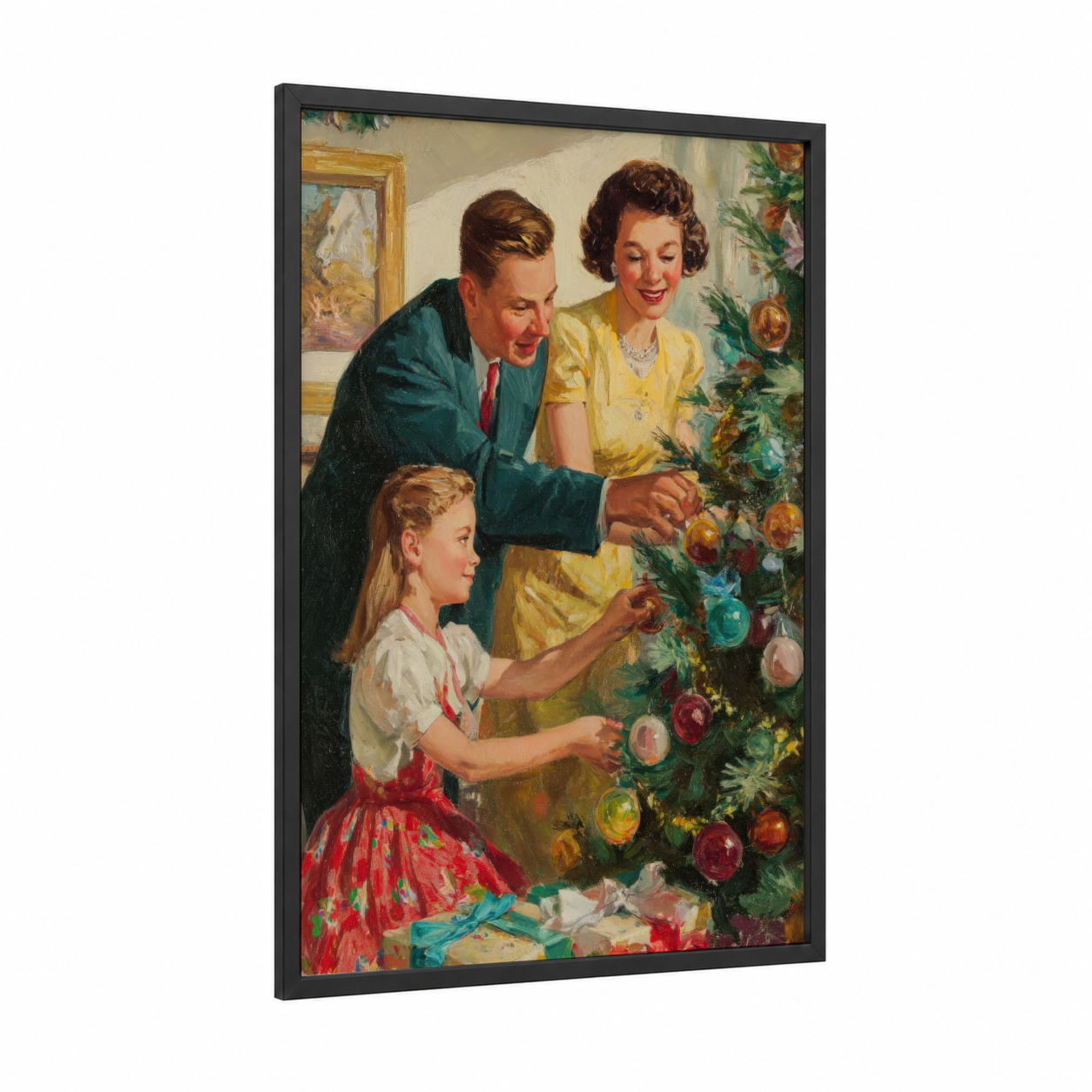 Vintage Christmas Family framed art print — black wood frame — gold and green palette