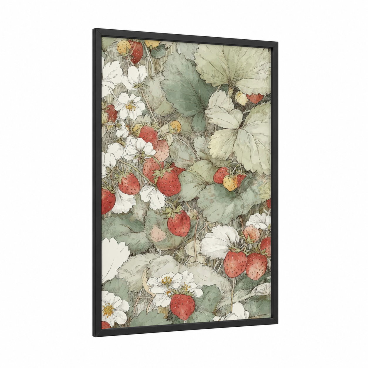 Strawberry Meadow framed fruit print — black wood frame — white and sage green palette