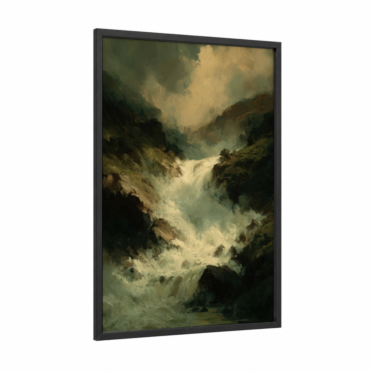 Mountain Cascade framed waterfall print — black wood frame — olive and cream palette