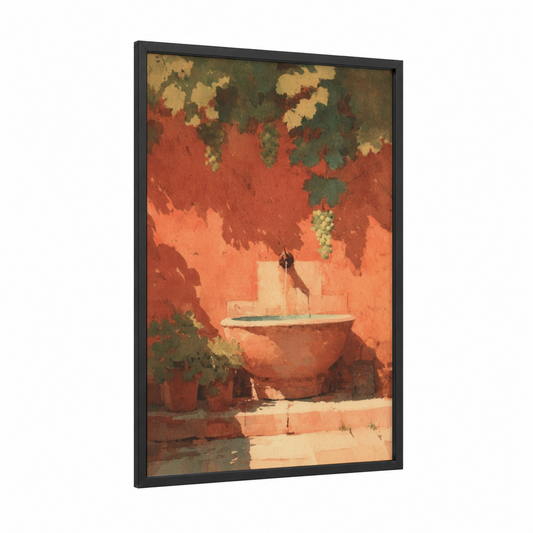Courtyard Fountain framed fountains print — black wood frame — russet and dark green palette