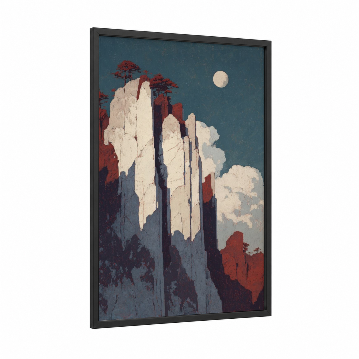 Moonlit Cliff framed art print — black wood frame — dark blue and cream palette