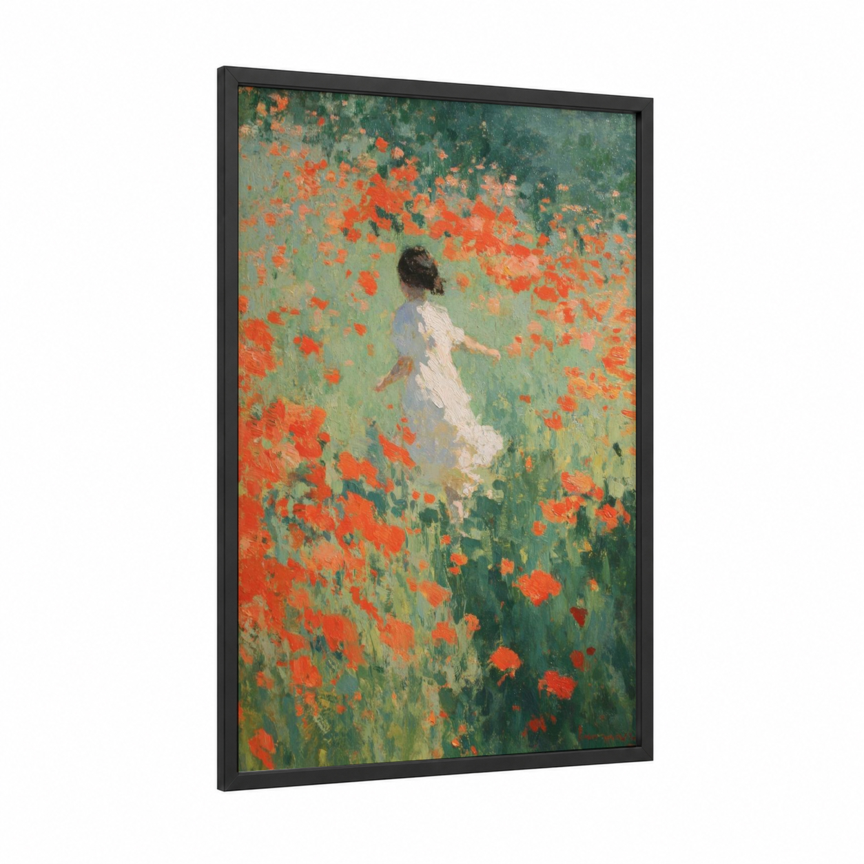 Poppy Field Dreamer framed art for girl print — black wood frame — red and green palette