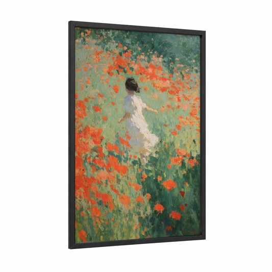 Poppy Field Dreamer framed art for girl print — black wood frame — red and green palette