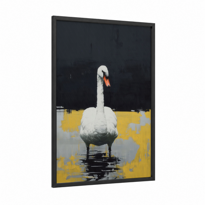 Solitude Swan framed art print — black wood frame — yellow gold and black and white palette