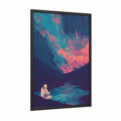Cosmic Fishing framed astronaut print — black wood frame — turquoise and magenta palette