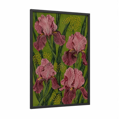 Pink Iris Floral Botanical Wall Art framed art print — black wood frame — pink and olive palette