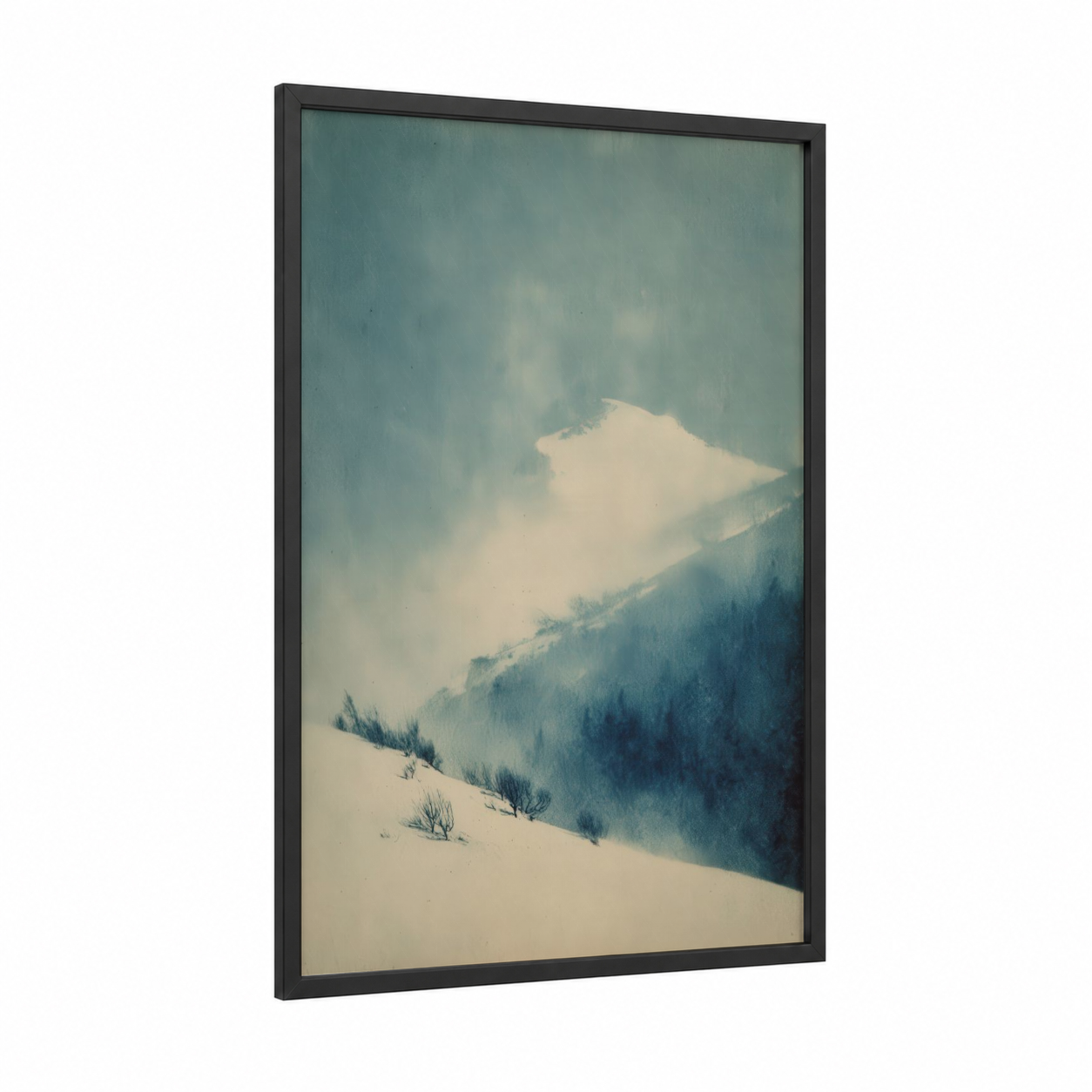 Misty Alpine Peak framed snowy mountains print — black wood frame — blue and white and dove gray palette