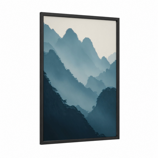 Misty Mountain Layers framed art print — black wood frame — dark blue and dove gray palette