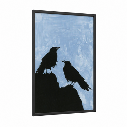 Rocky Crow Duo framed crows and ravens print — black wood frame — blue and white and black palette