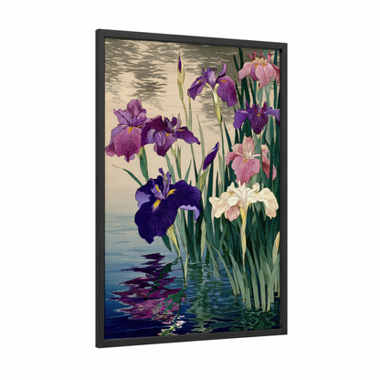 Iris Garden Reflection framed art print — black wood frame — purple and pink palette