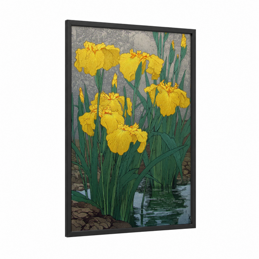 Yellow Iris Wetland framed amarillys print — black wood frame — yellow gold and true green palette