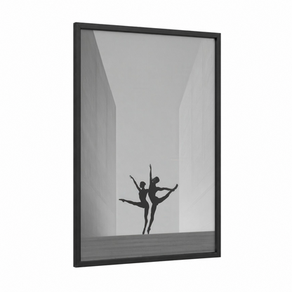 Urban Duet framed modern dance print — black wood frame — black and white and gray palette