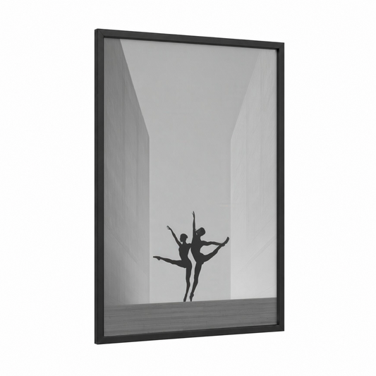 Urban Duet framed modern dance print — black wood frame — black and white and gray palette