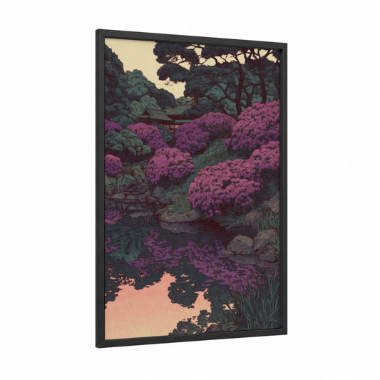 Magenta Garden Stream framed rhododendron print — black wood frame — magenta and dark green palette