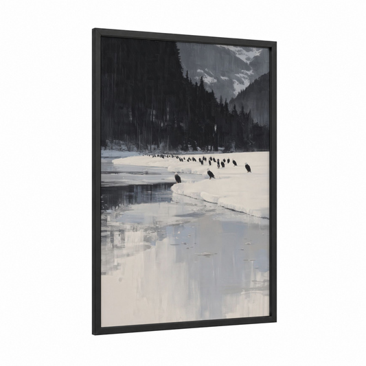 Snowy Gathering Eagles framed art print — black wood frame — black and white and gray palette