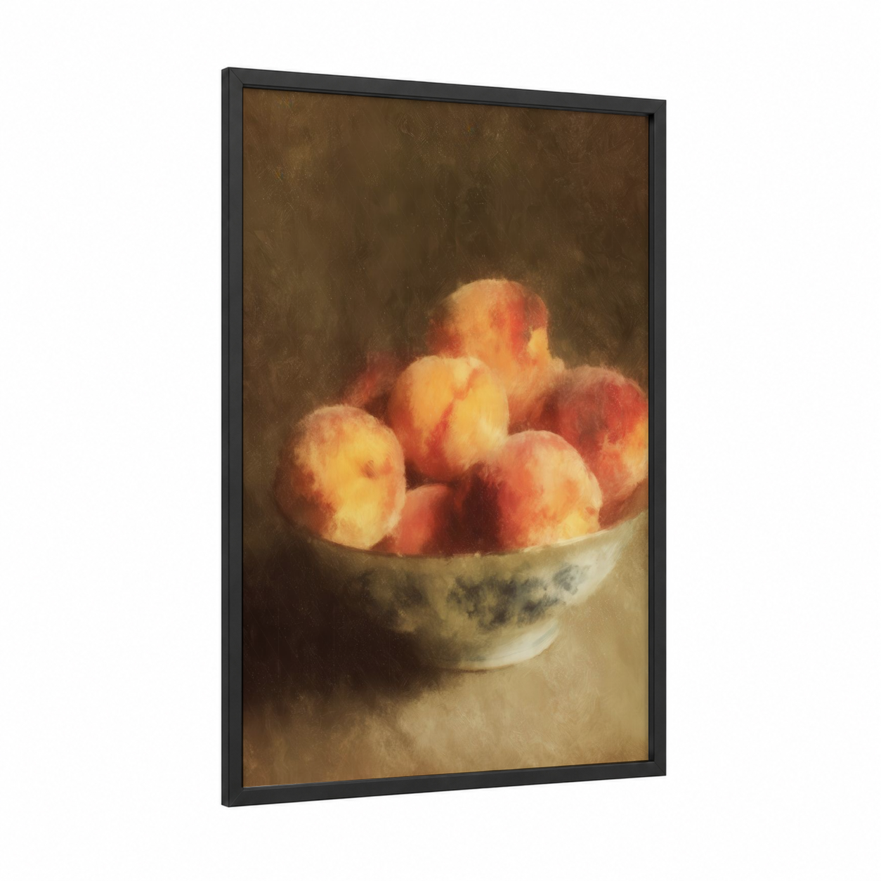 Harvest Peaches framed fruit print — black wood frame — gold and brown palette