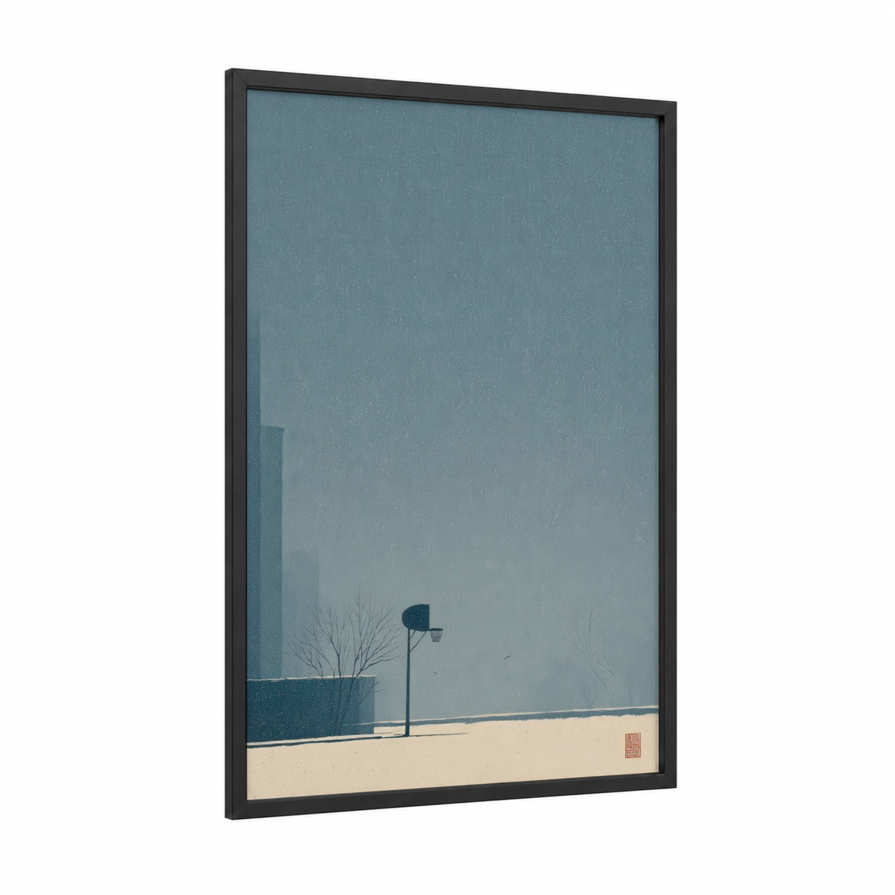 Solitary Court framed basketball print — black wood frame — bermuda gray and cream palette