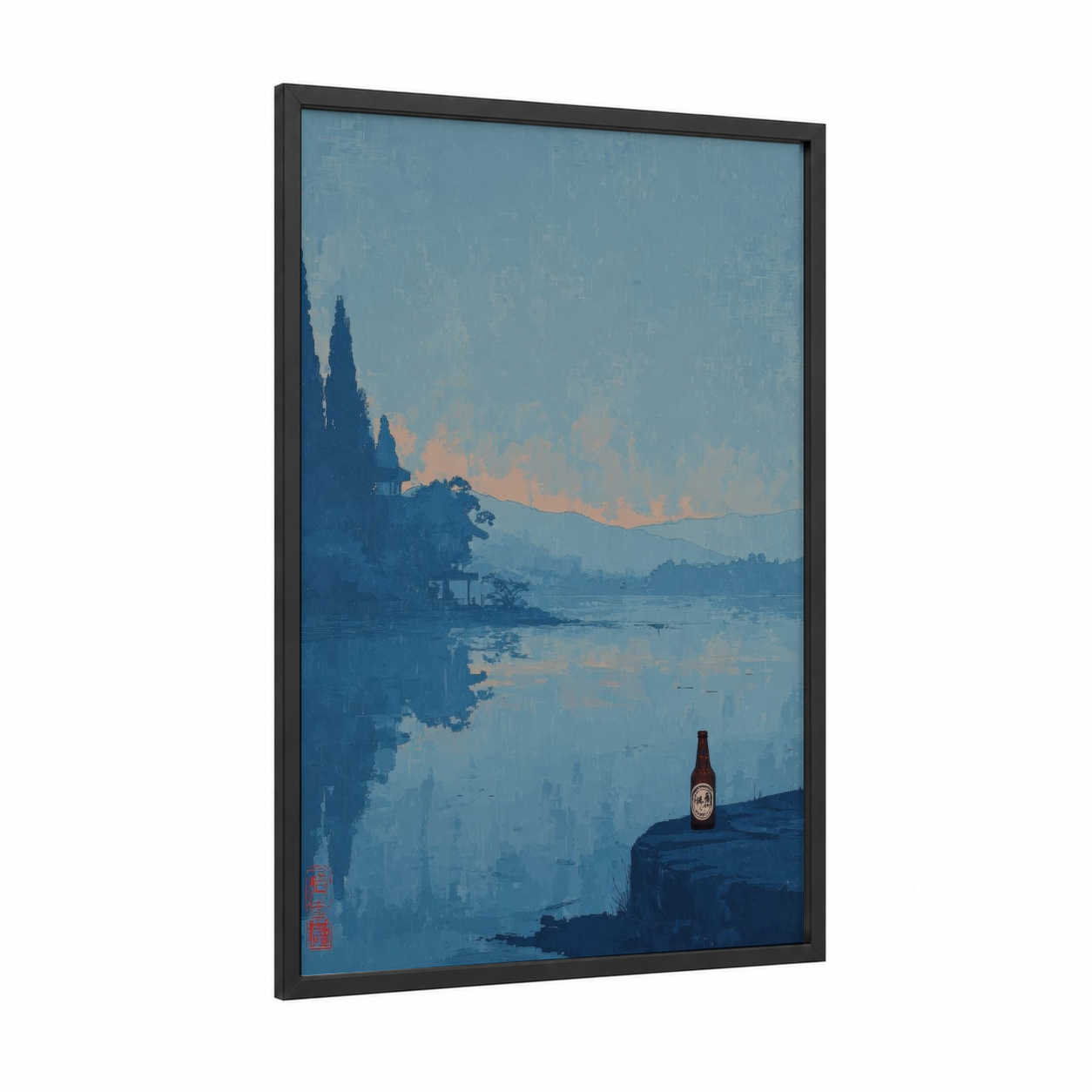 Lakeside Beer Moment framed art print — black wood frame — blue and peach palette