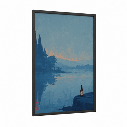 Lakeside Beer Moment framed art print — black wood frame — blue and peach palette