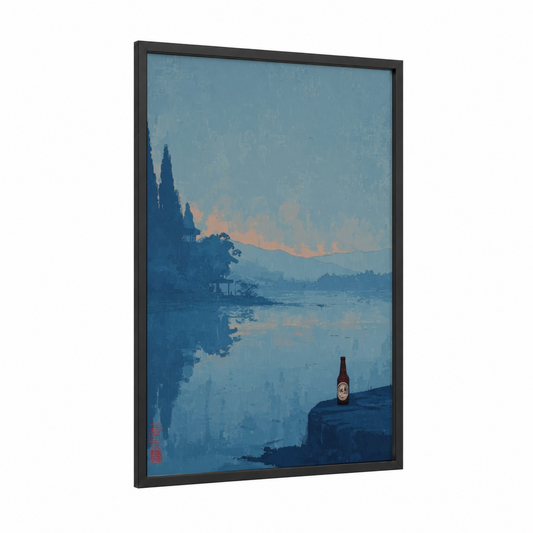 Lakeside Beer Moment framed art print — black wood frame — blue and peach palette