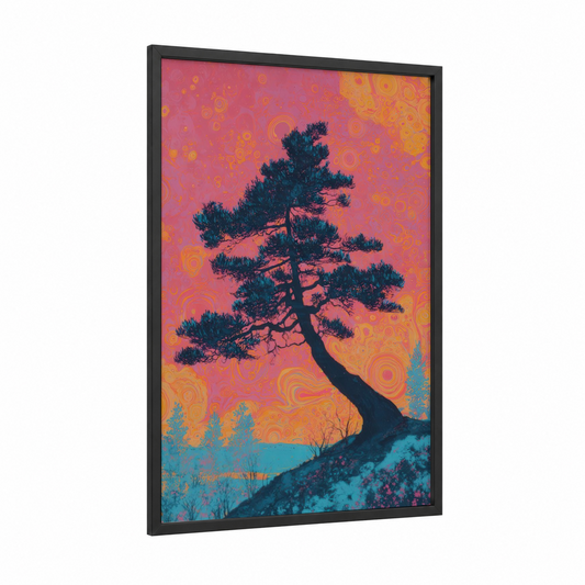 Sunset Cedar framed cedar tree print — black wood frame — magenta and gold palette
