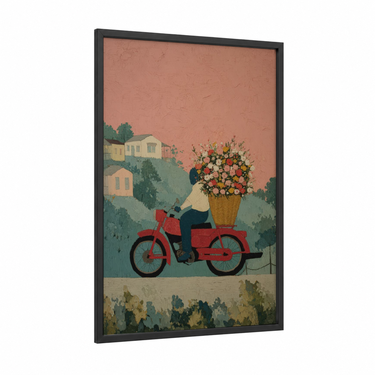 Vintage Delivery Rider framed vintage motorcycle print — black wood frame — russet and sage green palette