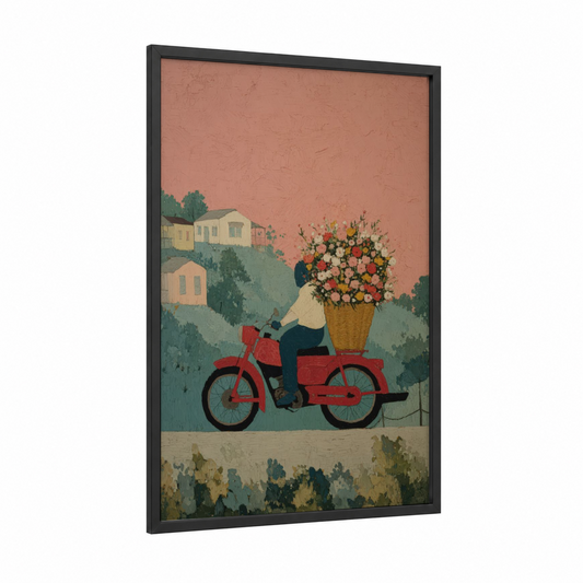 Vintage Delivery Rider framed vintage motorcycle print — black wood frame — russet and sage green palette