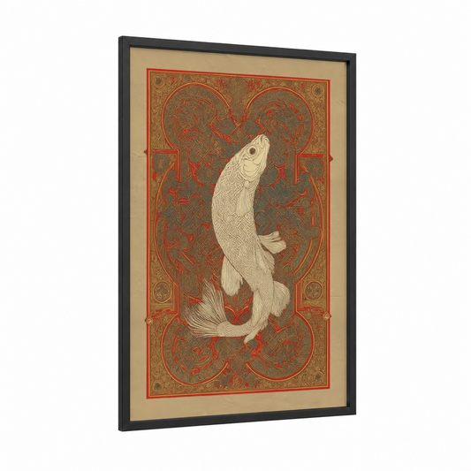 Ornate Zebrafish framed art print — black wood frame — gold and maroon palette