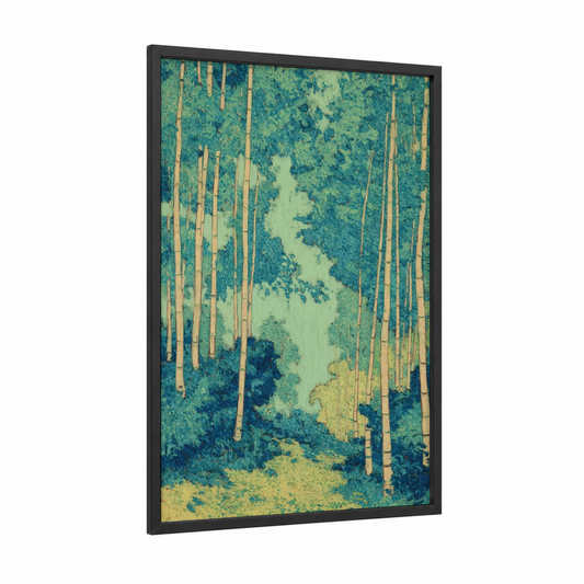Serene Bamboo Forest framed art print — black wood frame — teal and cream palette