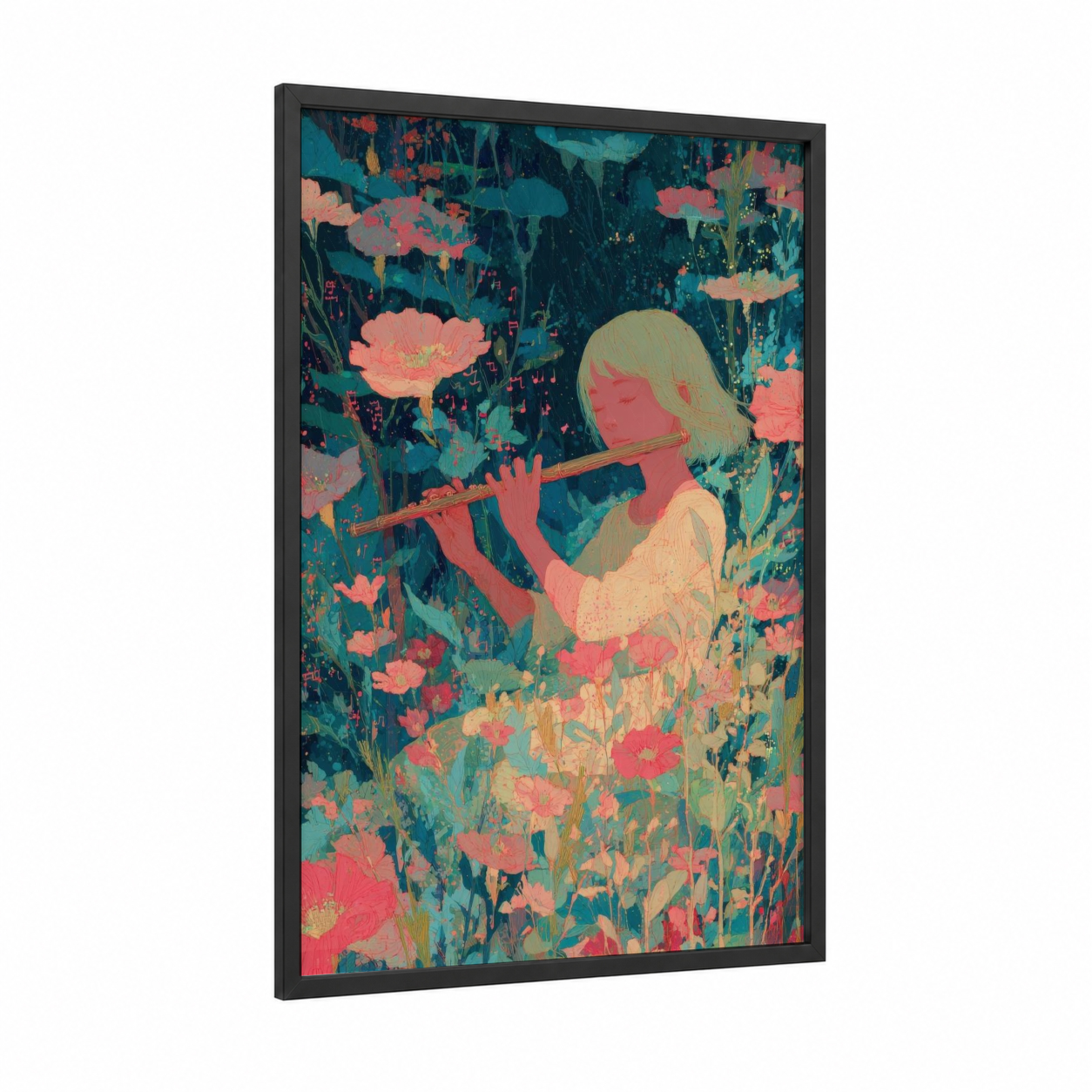Flute Dreamer framed kids magic and fantasy print — black wood frame — teal and salmon pink palette