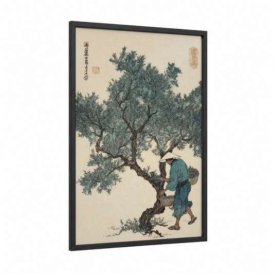 Harvesting Olive framed olive tree print — black wood frame — cream and dark green palette