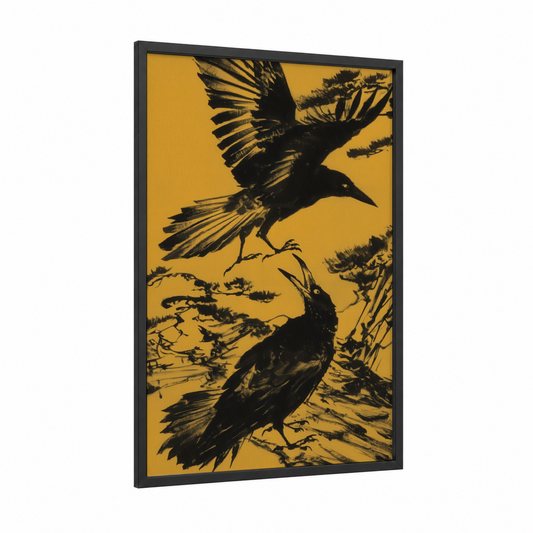 Golden Crows framed crows and ravens print — black wood frame — black and yellow gold palette