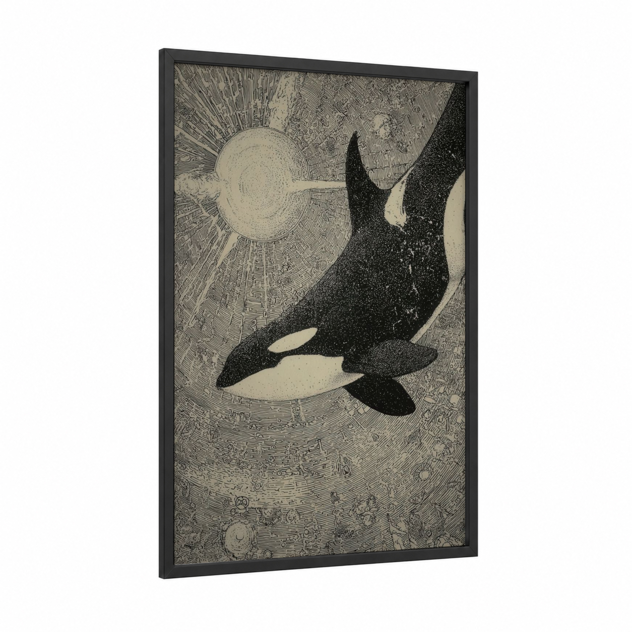 Cosmic Orca framed orca whale print — black wood frame — black and white and cream palette