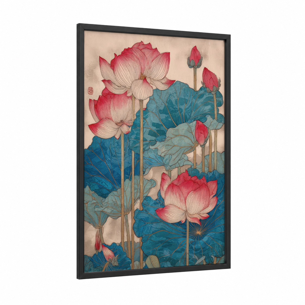 Crimson Lotus Garden framed art print — black wood frame — red and teal palette