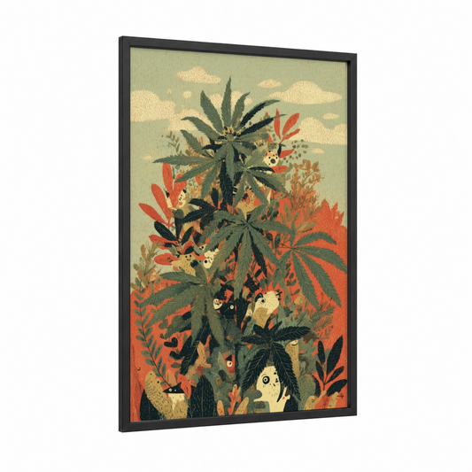 Cannabis Garden Creatures framed art print — black wood frame — sage green and orange palette