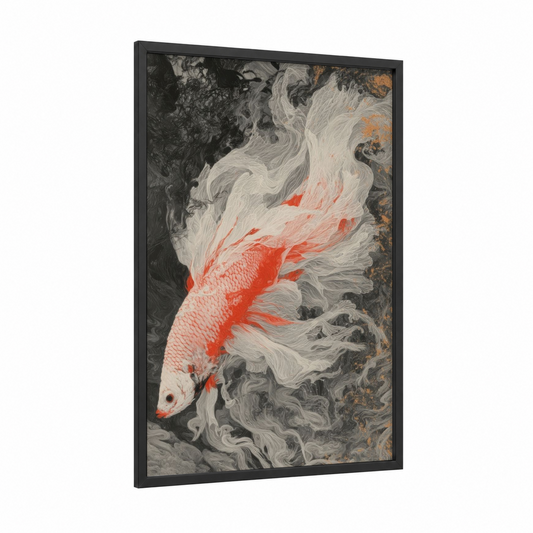 Crimson Betta Fish framed fighting fish print — black wood frame — red and black and white palette