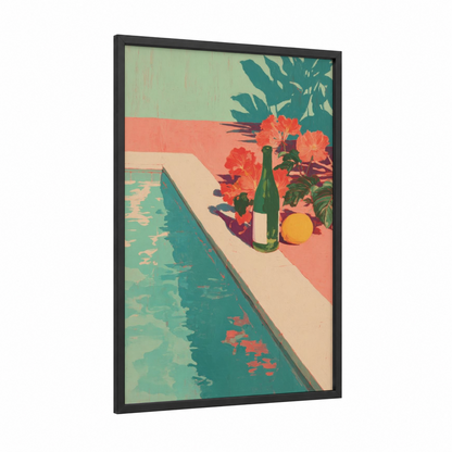 Poolside Champagne framed art print — black wood frame — teal and salmon pink palette